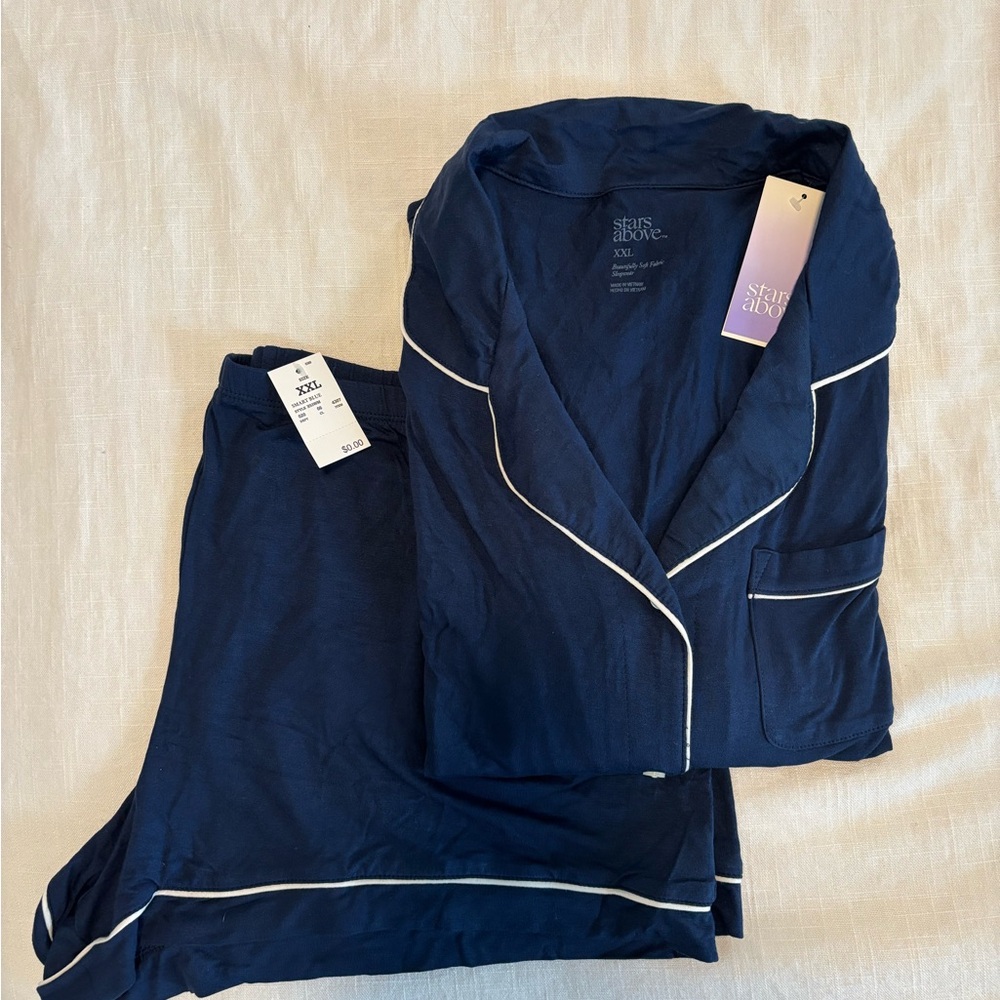 Stars Above Midnight Blue Pajama Set with White Piping